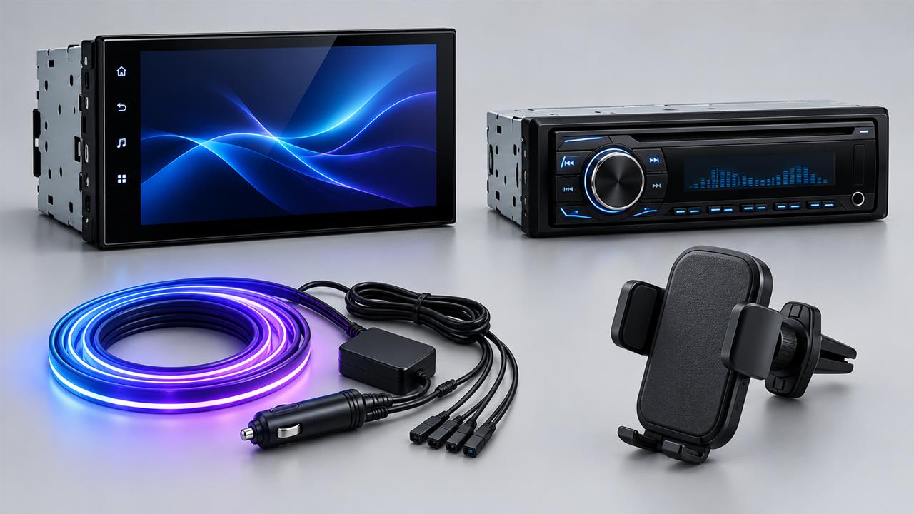 Illustrative car MP5 player, car radio, ambient lighting and phone holder