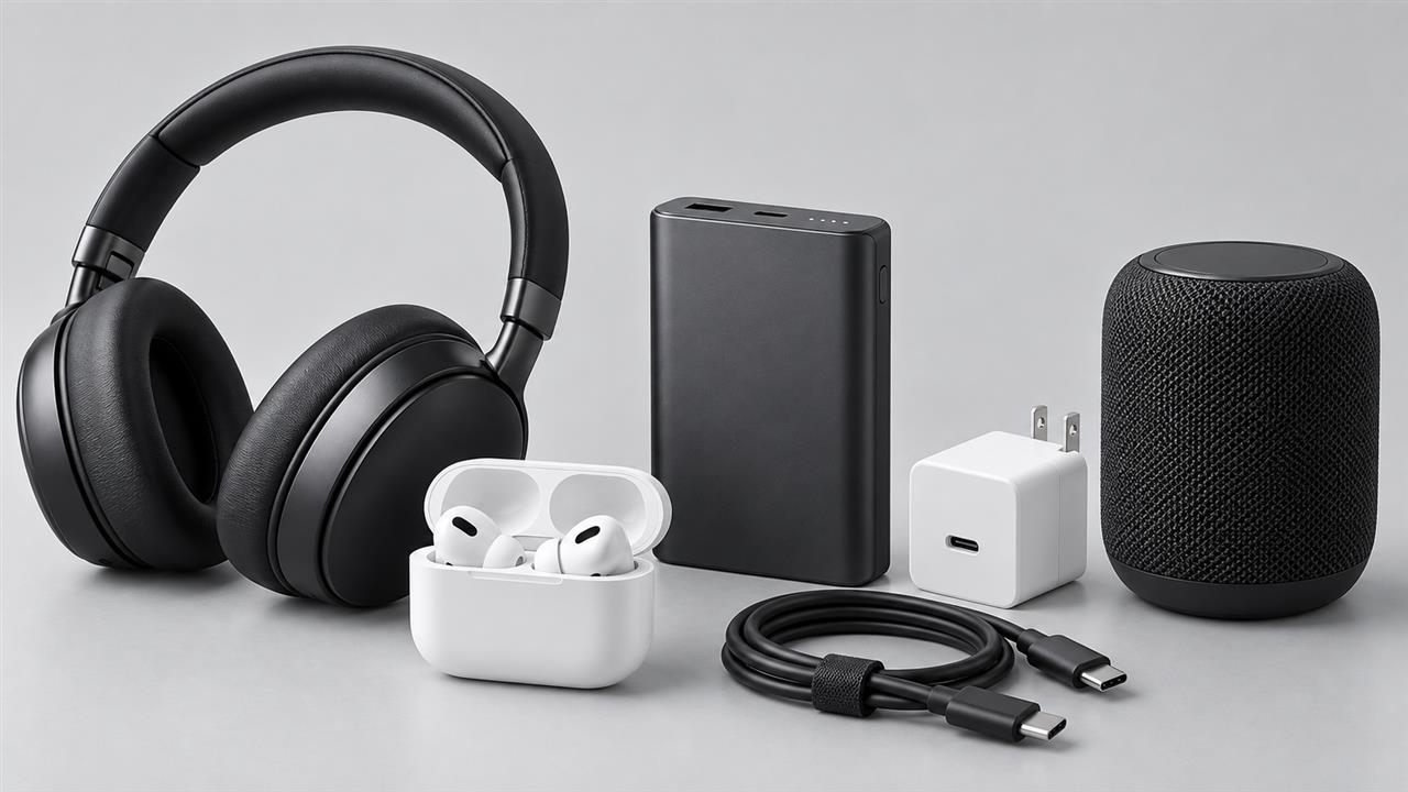 Illustrative headphones, earbuds, charger, power bank, cables and speaker