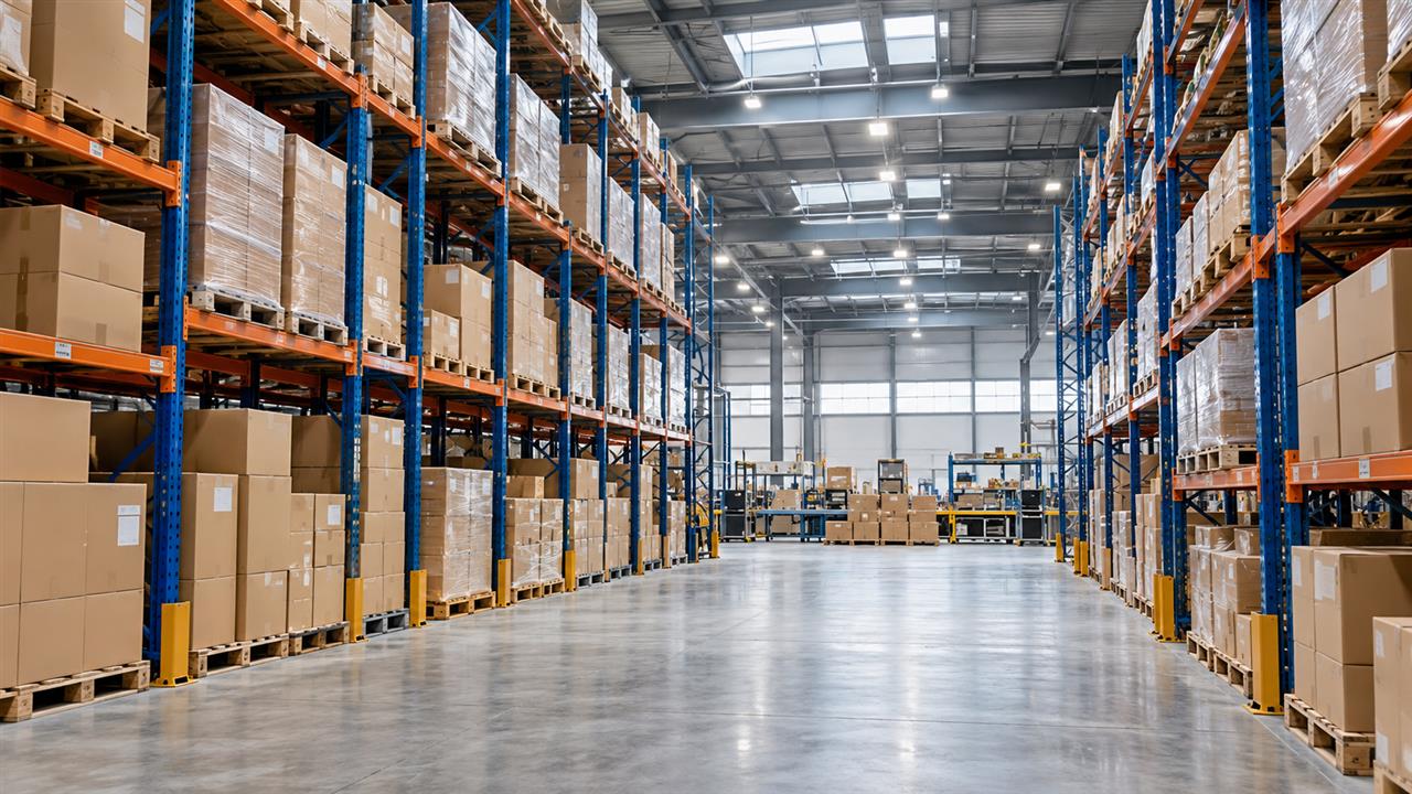 Illustrative warehouse aisle with pallet racks and boxed products